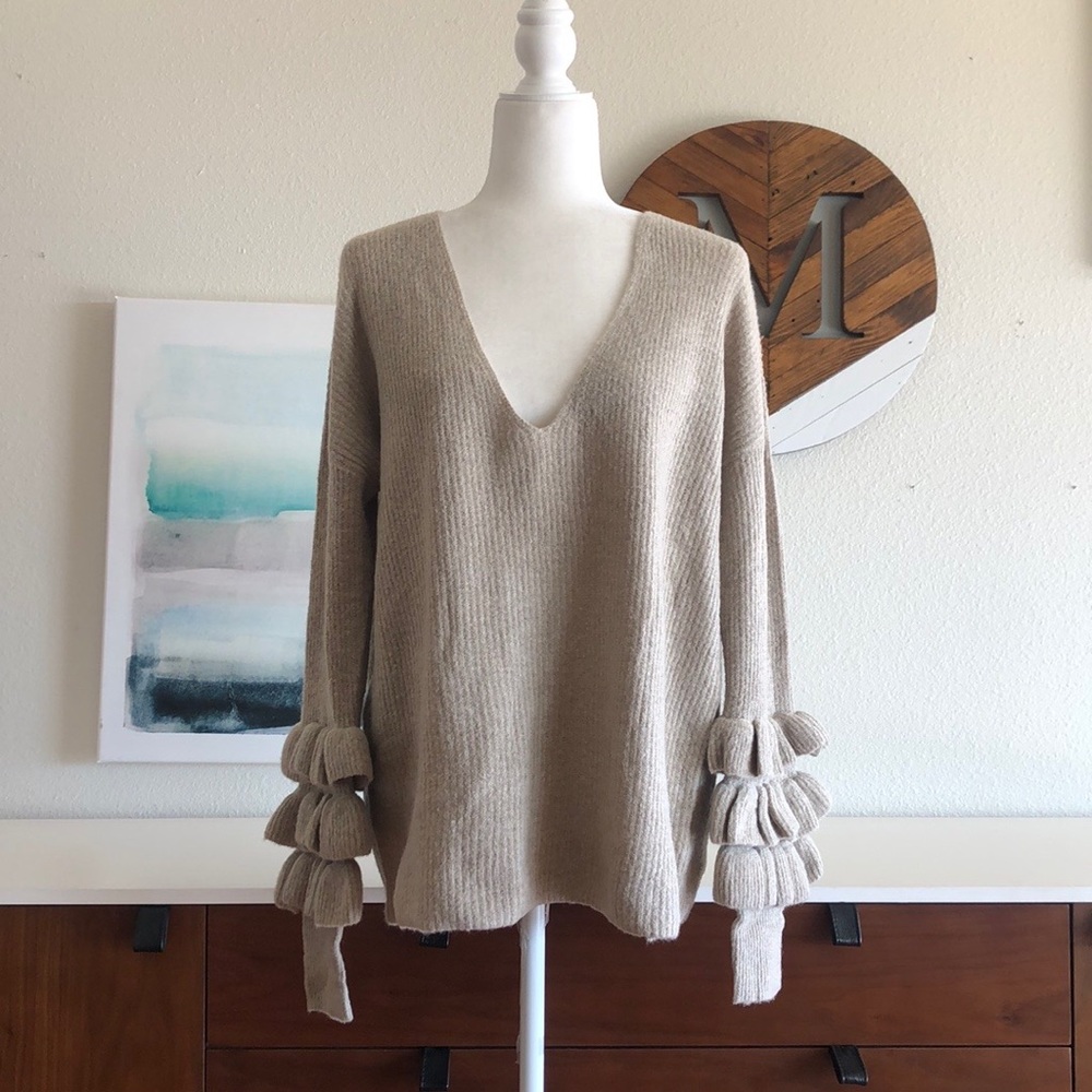 Ruffle Sleeve V-Neck Sweater